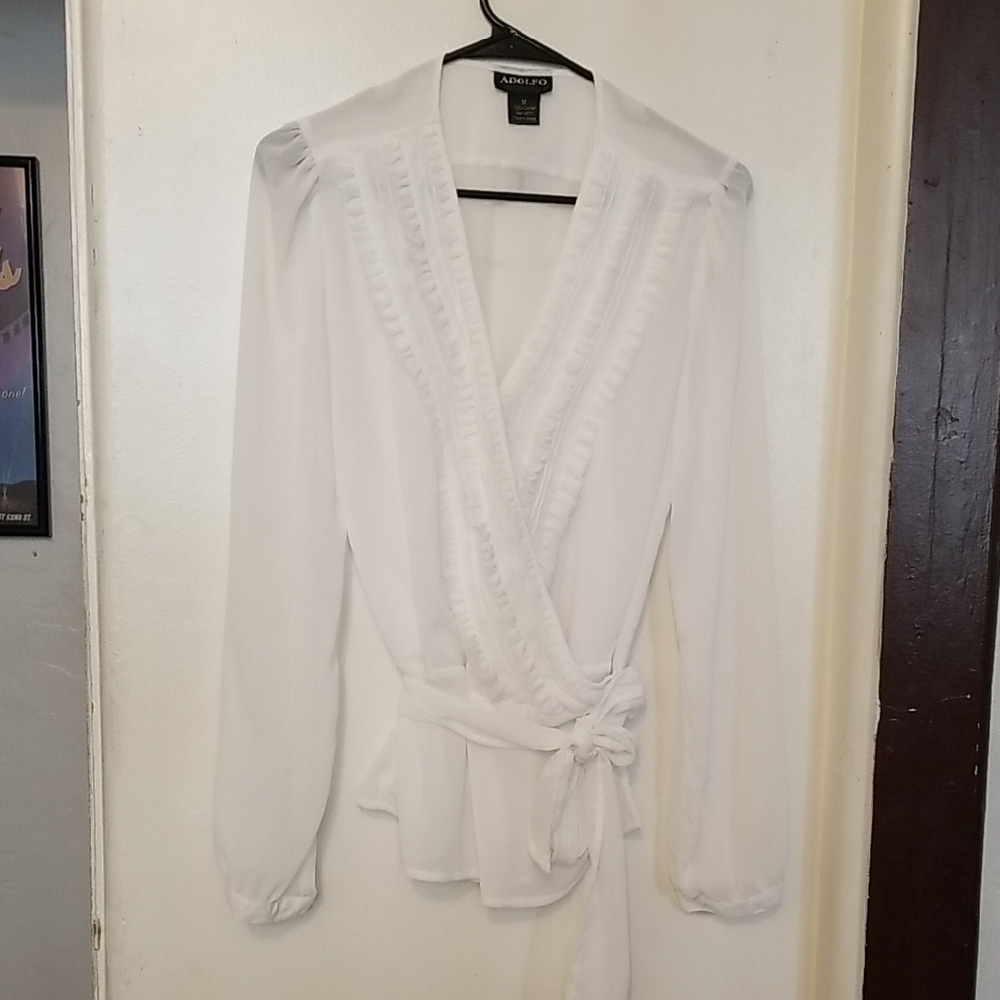 Adolfo White Ruffle Wrap Blouse